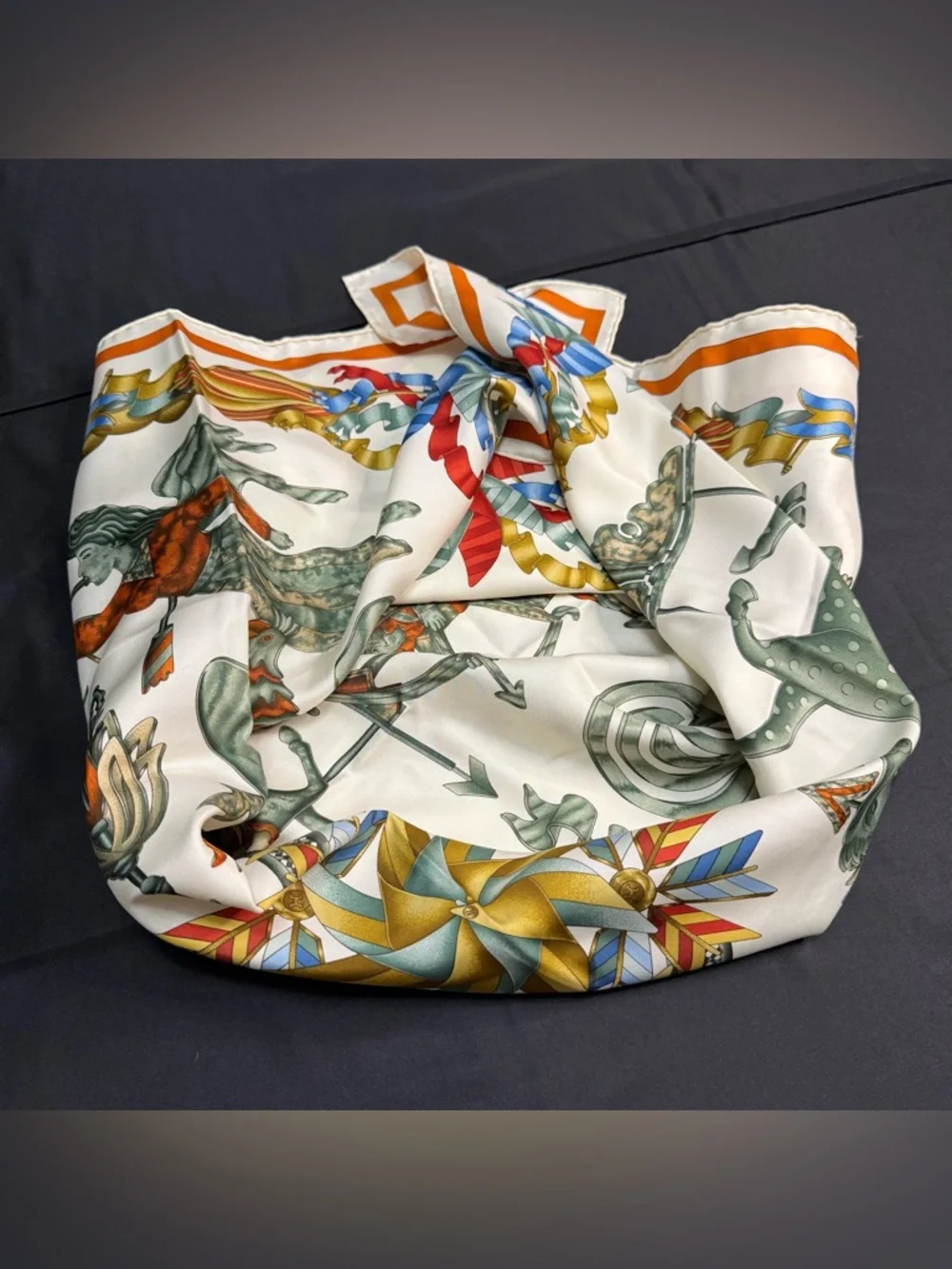 Hermes Silk Scarf Les Girouettes Wind Spinner Weather Vane Pinwheel Green White - Picture 11 of 12